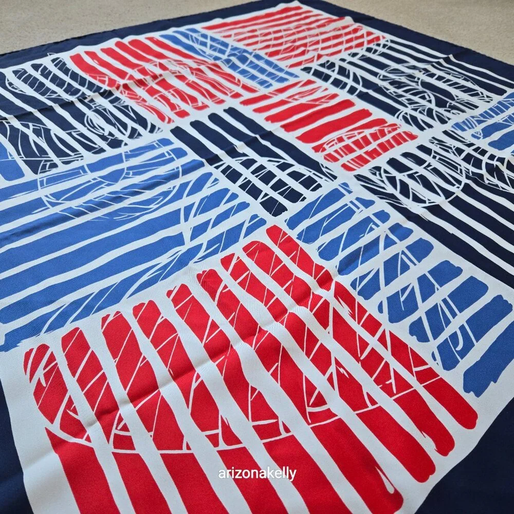 Nina Ricci Silk Twill Square Scarf Hand-rolled Red White Blue Heart
